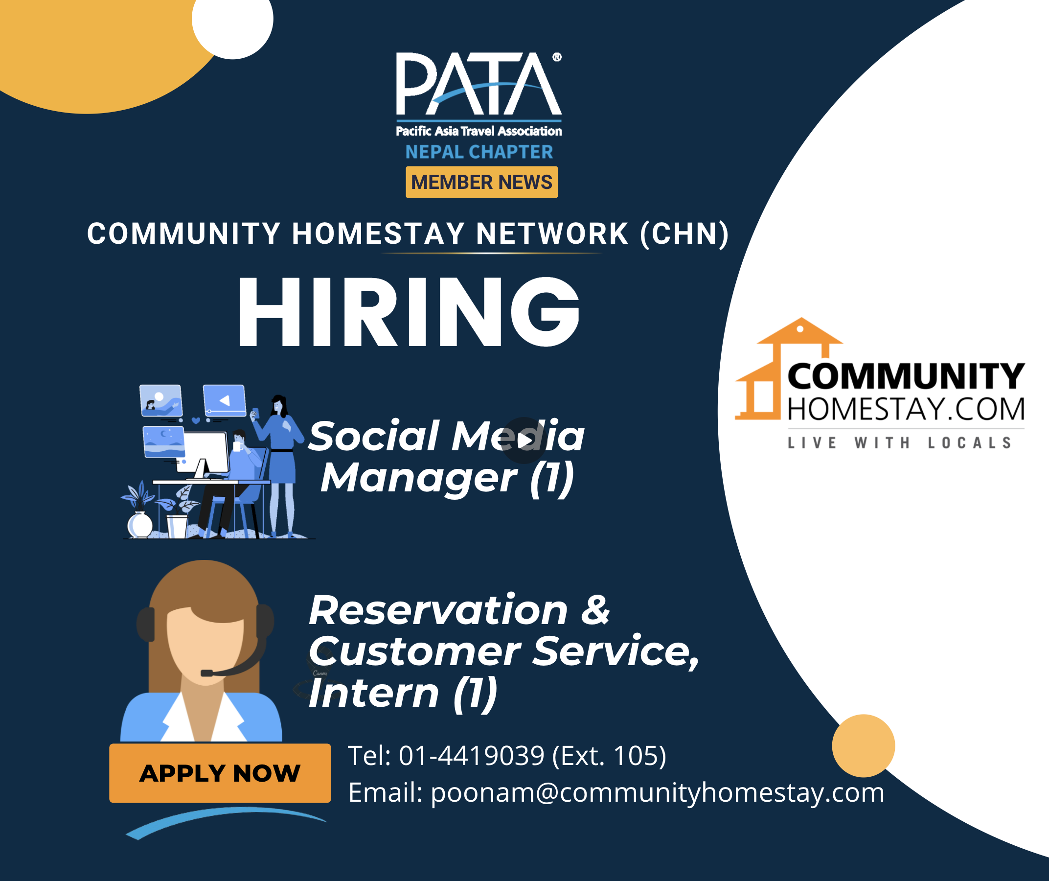 Community Homestay Network announces vacancy for Social Media Manager & Reservations and Customer Service (Intern)