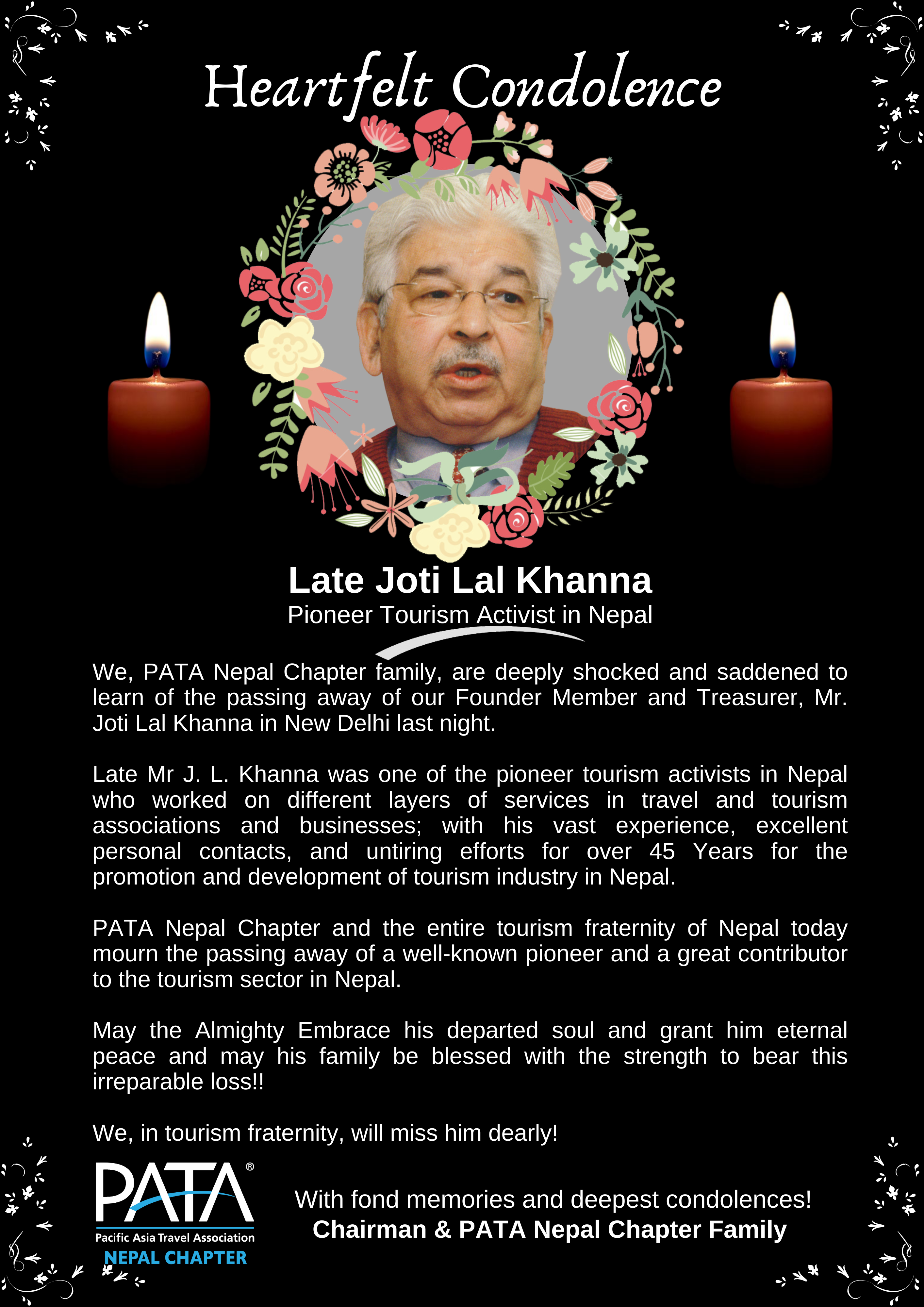 PATA Nepal mourns the passing away of Founder Member and Treasurer, Mr. Joti Lal Khanna